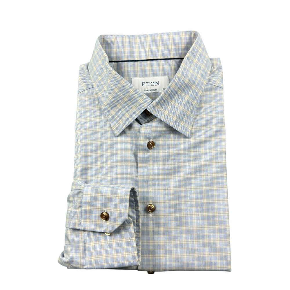 ETON Contemporary Shirt Mens 17.5 Blue Yellow Check Cotton Tencel Stretch L/S